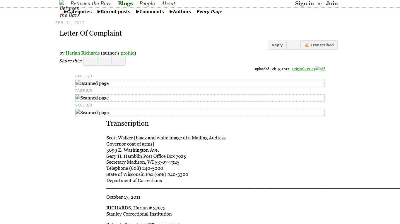 Between the Bars : Letter Of Complaint — Harlan Richards